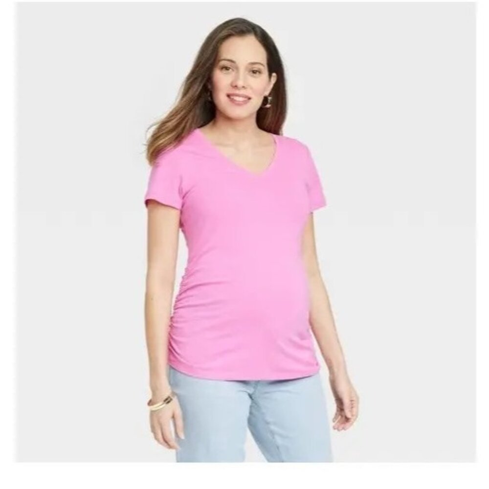 NEW Short Sleeve Fashion V-Neck Maternity T-Shirt - Isabel Maternity - Pink
